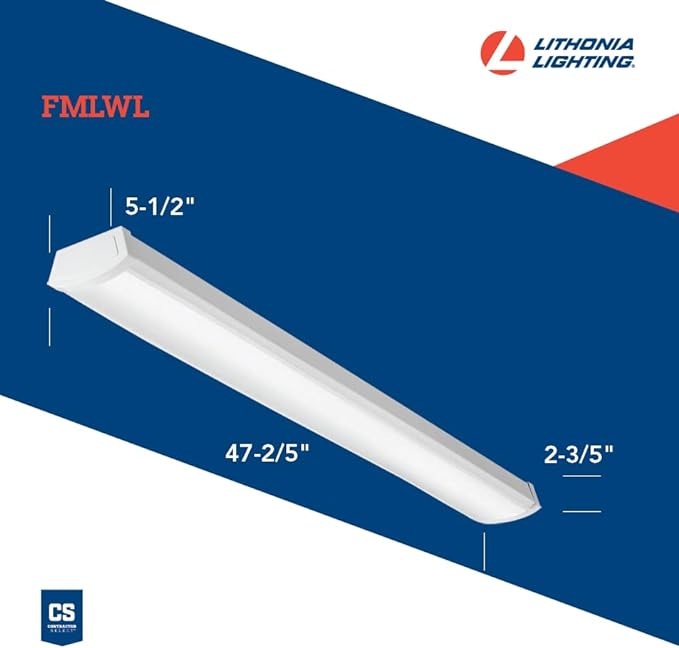 Lithonia Lighting 4 Foot LED Light Fixture, Low-Profile LED Wraparound Flush Mount Ceiling Light, 4000K Cool White, 120V, 48-Inch (FMLWL 48 840)