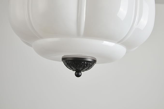 Milk Glass Ceiling Light Fixture, 12" Vintage Scallop Semi Flush Mount Pendant Light, Schoolhouse Light Fixture - Antique Chandelier for Kitchen, Hallway, Dining Room, White/Black