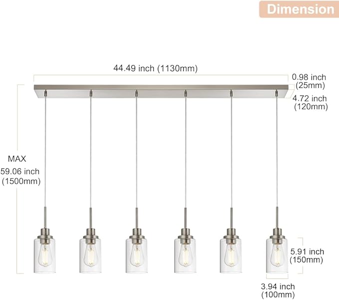 6-Lights Pendant Lighting for Kitchen Island in Brushed Nickel, Ceiling Light Fixtures with Adjustable Hanging Wire & Clear Glass Shades