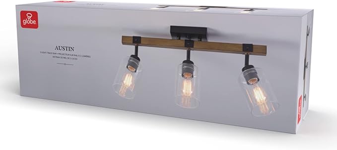 Globe Electric 57502 3-Light Track Lighting, Wood Toned, Matte Black Accents, Clear Glass Shades, Pivoting Heads, Modern Farmhouse, Ceiling Light for Kitchen Island and Dining Room Table