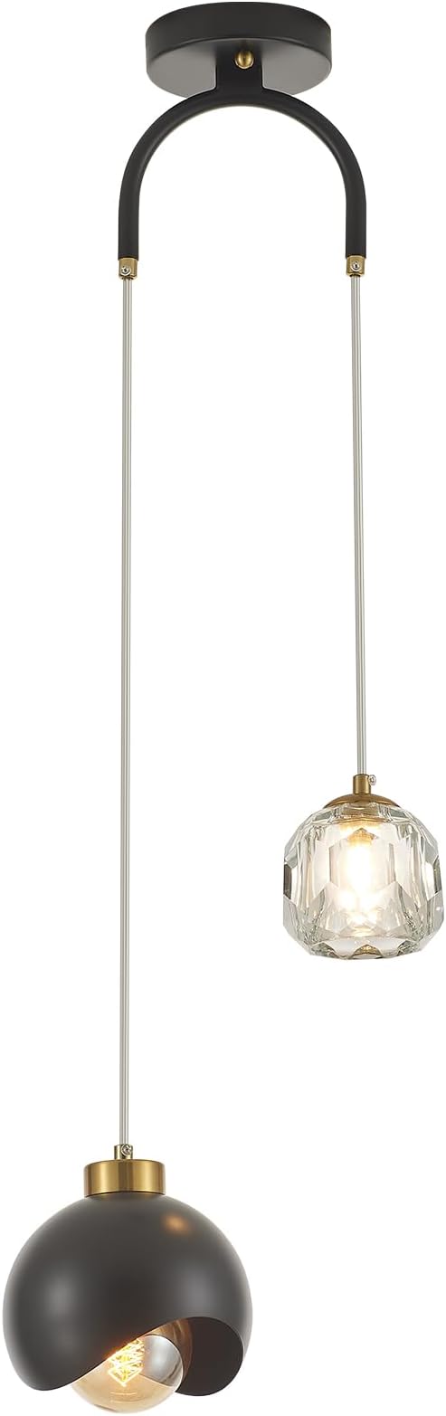 2 - Light Modern Pendant Light with Crystal Accent, Black Pendant Light Hallway, Unique Hanging Light Fixture for Entryway Bedroom Kitchen Island