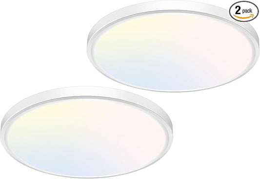 libtit 12 inch Flush Mount LED Ceiling Light Fixture, 3000K 4000K 6500K Adjustable, 28W 3200lm White Round Lighting Fixtures for Bathroom Shower Hallway Kitchen, 2 Pack