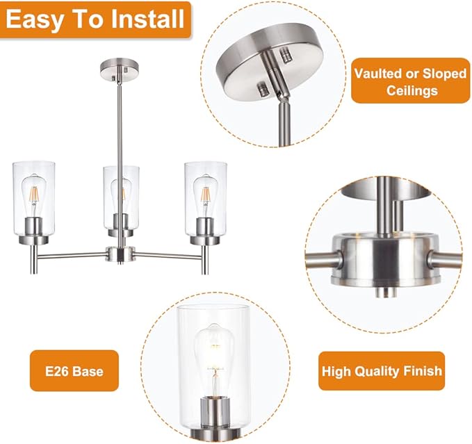 VINLUZ 3 Lights Modern Chandeliers Metal Light Fixtures Ceiling Brushed Nickel Industrial Pendant Lighting for Dinging Room Living Room Kitchen Bedroom Hallway