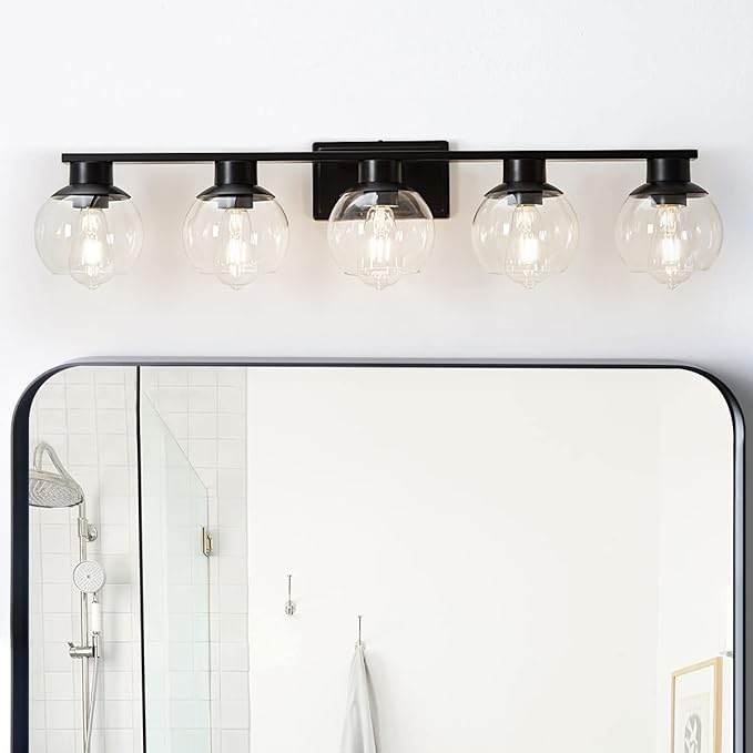 5-Lights Black Bathroom Vanity Lights, Modern Bathroom Lighting Fixtures with Globe Glass Shade, 37in Matte Black Wall lamp for Bath Over Mirror Kitchen Cabinet Bedroom Hallway Living Room Farmhouse
