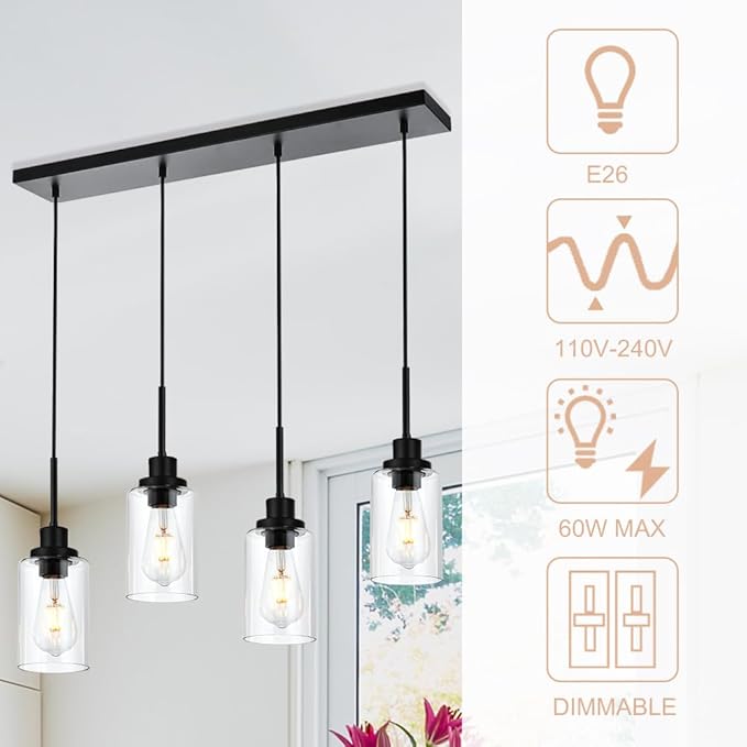 Black Pendant Light Fixtures with Clear Glass, 4-Lights Adjustable Height Hanging Ceiling Lights, Kitchen Island Lighting for Living Room Office Bar Farmhouse