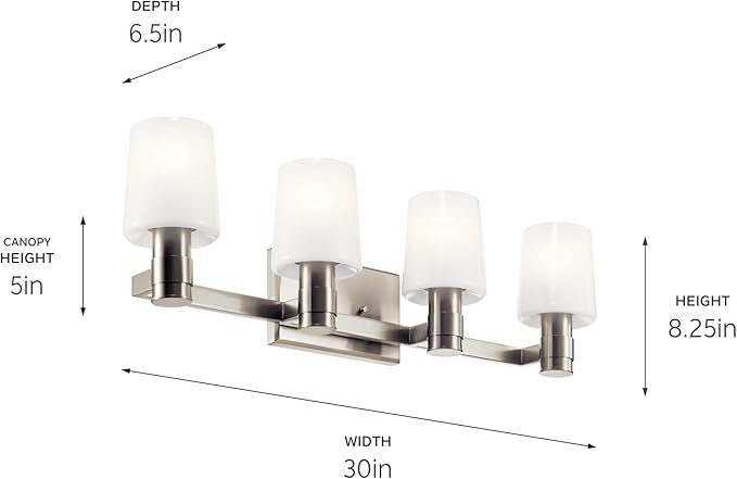 Kichler Adani 4-Light Bathroom Vanity Light Fixture, Modern Wall Mount Lighting with Opal Glass in Brushed Nickel for Over Mirror Installation (8.25" x 30"), 55177NI