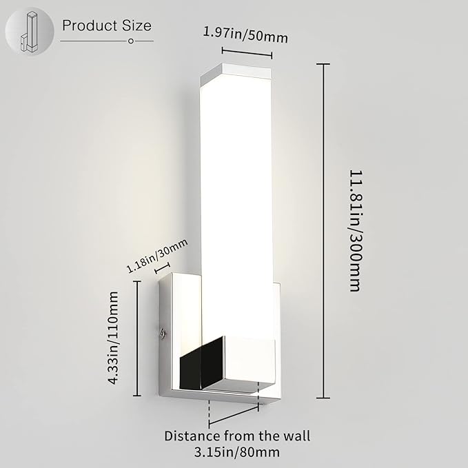 Chrome Wall Lights for Bedroom Modern Indoor LED Hallway Sconces Corner Light 12" Inch Height 12W 4000K Bedside Stair Sconces Wall Lighting Lamps 110V AC