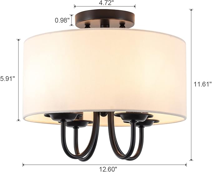 VILUXY Semi-Flush Mount Ceiling Light Fixture Off-White Fabric Drum Shade Modern Chandelier Black Finish for Bedroom, Dining Room, Corridor, Living Room 4-Light