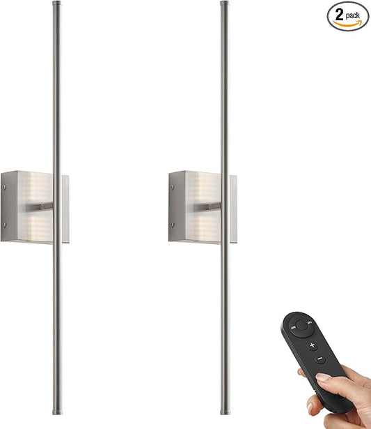 KARTOOSH Battery Operated Wall Sconces with Remote Control, Dimmable Wall Sconces Set of Two, 350°Rotate, 3000K LED Nickel Wireless Wall Light for Living Room, Hallway, Bedroom, 28.3 Inch (2 Pack)