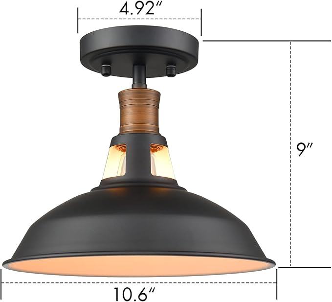 CLAXY Industrial Ceiling Light Semi Flush Mount Light Fixture with Black and White Barn Shade Dimmable for Kitchen Bedroom Entryway