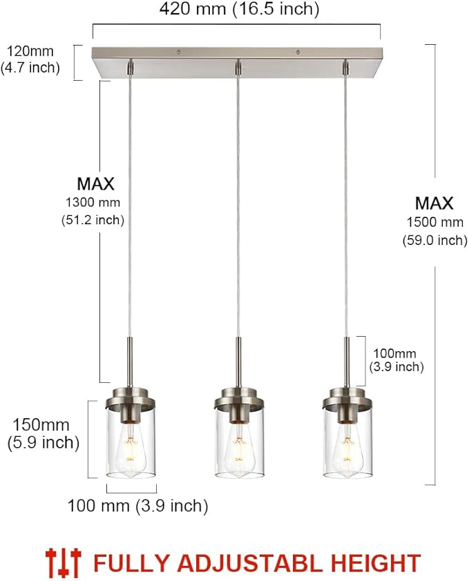Pendant Lights Fixtures with Clear Glass Shade Brushed Nickel Island Light fixtures 3-Lights Hanging Lighting for Kitchen Island Dining Room