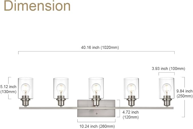 VINLUZ 5-Light Bathroom Vanity Light Fixtures in Brushed Nickel Finish Indoor Wall Sconce Lighting Over Mirror with Clear Glass Shade for Living Room, Bedroom, Hallway