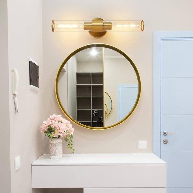 Gold Wall Sconce, Bathroom Light Fixtures in Clear Glass Indoor Wall Sconces, Modern Sconce Wall Lighting Up and Down Vanity Lights Fixtures for Bathroom,Living Room - Bulb Not Included