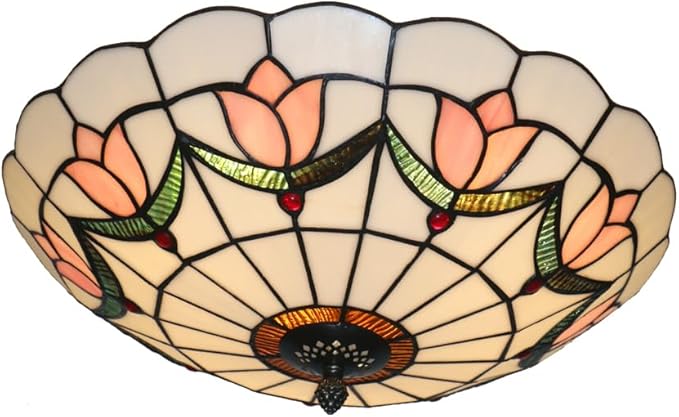 16 Inch Tiffany Style Stained Glass Ceiling Light Flush Mount Ceiling Light Vintage Chandeliers Pendent Light Fixtures (16 Inch Pink)