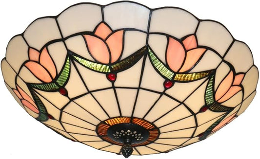 16 Inch Tiffany Style Stained Glass Ceiling Light Flush Mount Ceiling Light Vintage Chandeliers Pendent Light Fixtures (16 Inch Pink)