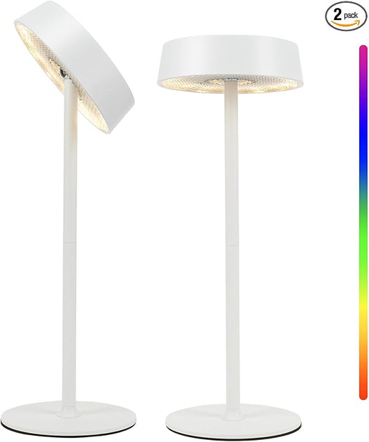 Cordless Lamp, Rechargeable Table Lamp, Battery Operated, RGB Dimmable Touch Control, 3 Color Temperatures, LED Memory Function, Portable Outdoor Waterproof, Restaurant Dining Patio Kitchen, White 2Pc