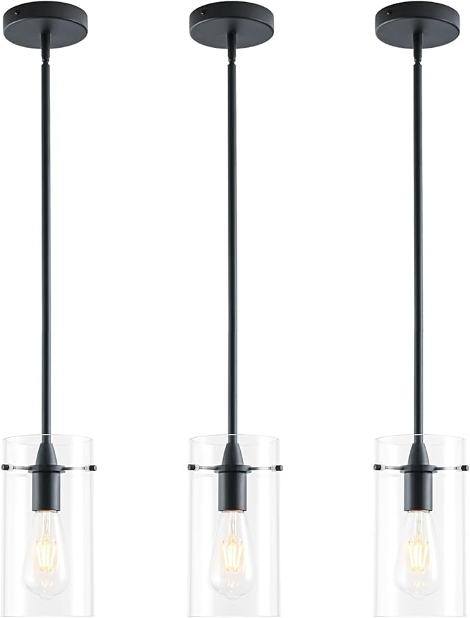 3 Pack Pendant Lights Kitchen Island, Adjustable Hanging Glass Pendant Light Fixtures, Matte Black Pendant Lights Kitchen Island, Modern Kitchen Pendant Lighting Over Island
