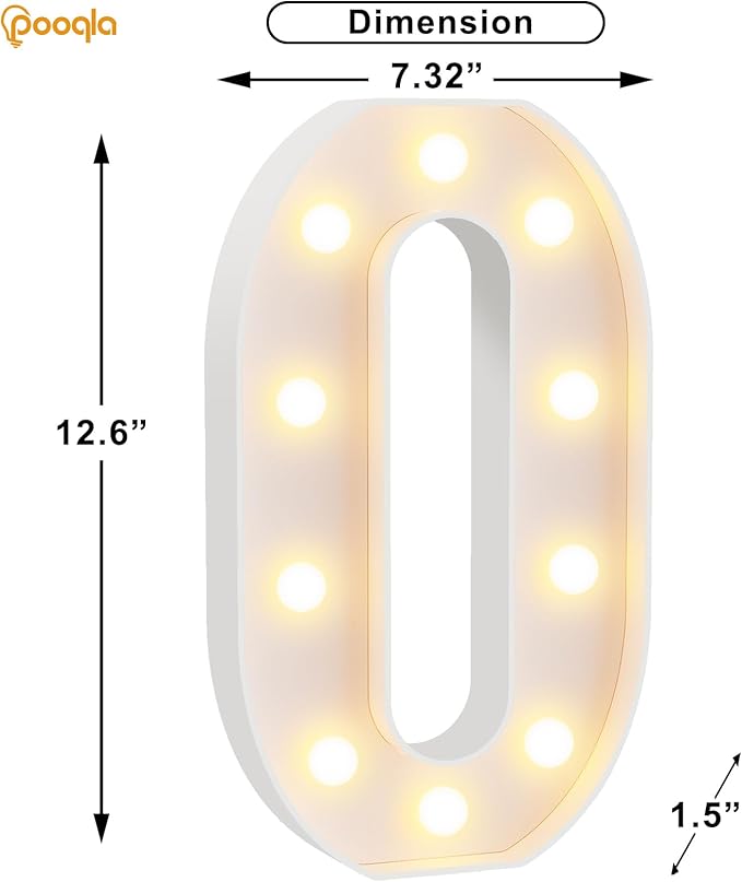 Pooqla Large Light Up Numbers for Birthday Decorations, 12.6 in Tall White Plastic Marquee Numbers Sign Party Decorations, Gift for Girls Boys Night Light Wedding Anniversary Decor, Big Number 0