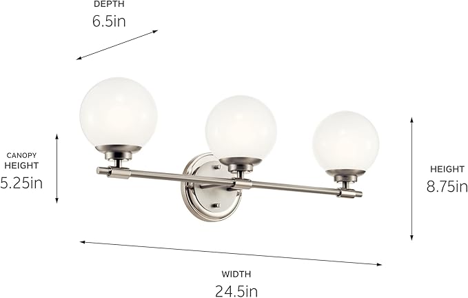 Kichler Benno 3-Light Bathroom Vanity Light Fixture, Modern LED Light with Opal Glass in Polished Nickel and Brushed Nickel, for Bathroom or Powder Room (8.75" x 24.5"), 55172PN