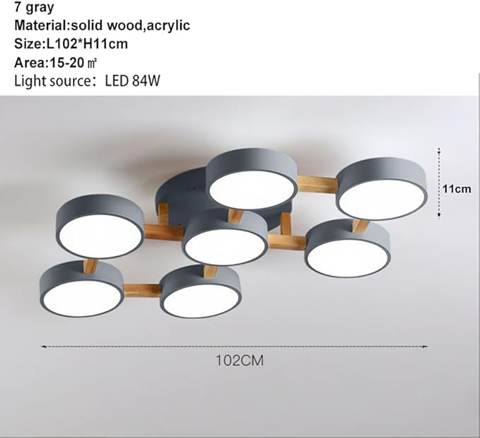 LED Ceiling Light Fixture,40 Inch 7-Lights Modern Ceiling Lights Flush Mount Wooden 84W Chandelier for Living Room Bedroom Kitchen,Dimmable 3000K/4000K/6000K Temperatures Selectable, Grey