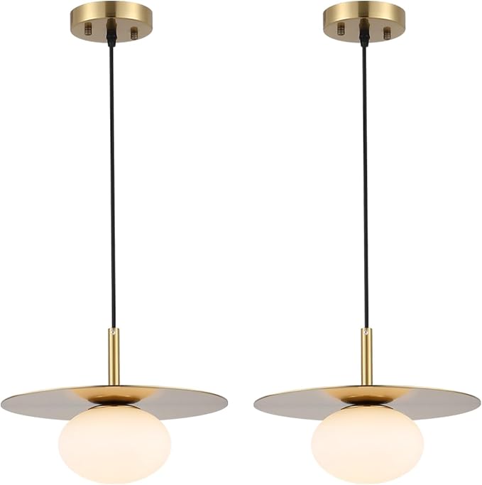 BYOLIIMA Modern Globe Pendant Lighting Set of Two Milky White Glass Shade Brass Gold Farmhouse Pendant Light 11.81" Dome Industrial Hanging Ceiling Light Fixture Kitchen Island Dinning Room Bedroom