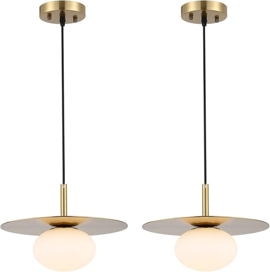 BYOLIIMA Modern Globe Pendant Lighting Set of Two Milky White Glass Shade Brass Gold Farmhouse Pendant Light 11.81" Dome Industrial Hanging Ceiling Light Fixture Kitchen Island Dinning Room Bedroom