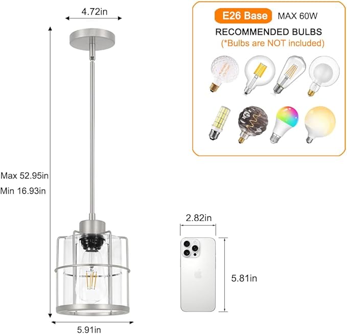 Modern Brushed Nickel Pendant Light Set of 2, Kitchen Island Pendant Light with Cylinder Clear Glass, Farmhouse Adjustable Hanging Light for Kitchen Island Dining Room Hallway