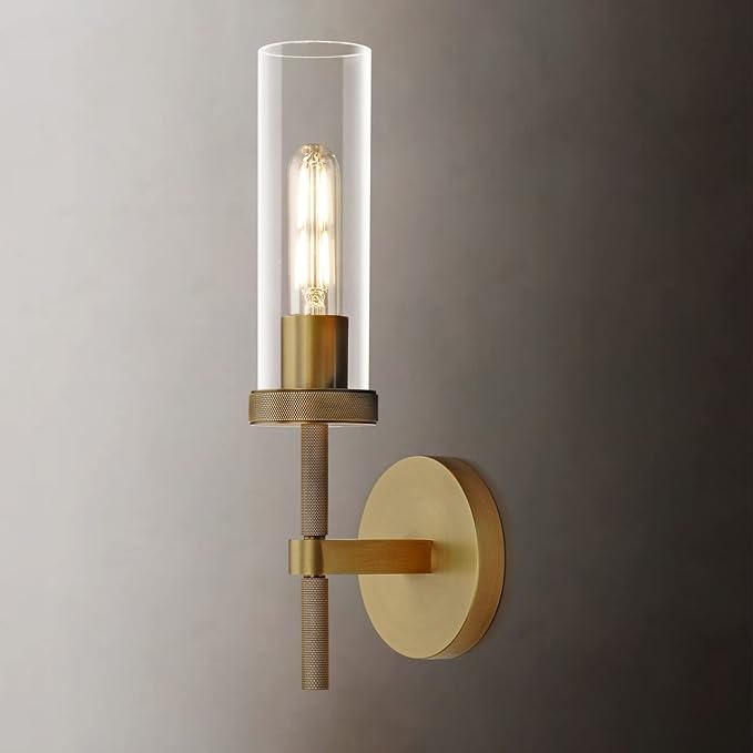 Knurled Brass Wall Sconces Indoors, Glass Tube Sconces Wall Lighting 14", Gold Bathroom Vanity Wall Sconces, Wall Lights For Living Room Bedroom Hallway Kitchen Bathroom Mirror(Including Bulb)
