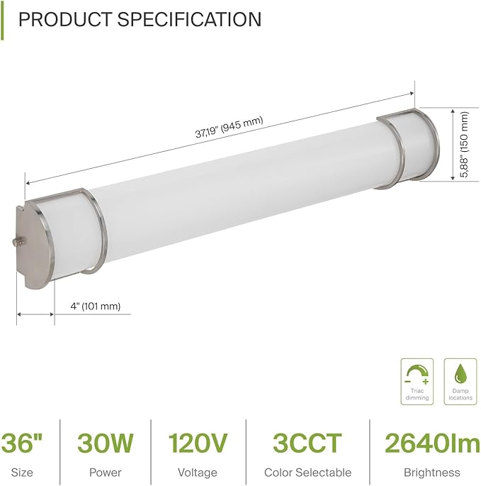 ASD LED 36" Vanity Flush Mount Light Fixture, Linear Bathroom Lighting Bar | 3CCT, Dimmable, Energy Star, ETL Listed | 30W 2650LM 3000-5000K 120V | Long Tube Bath Wall Sconce Over Mirror | Nickel