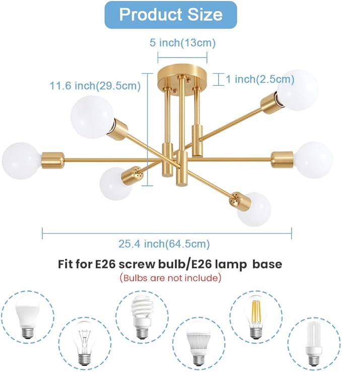 Biewalk Modern Chandelier Ceiling Light Fixture, 6-Light Sputnik Dining Chandeliers 31.18" Gold and Black Chandelier Over Table, Mid Century Lights Fixture for Dining Room Living Room Kitchen Island