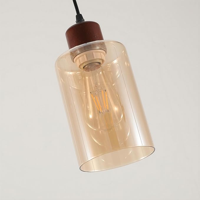 Modern Wood Pendant Lighting for Kitchen Island, Farmhouse Pendant Light Fixtures 2 Pack, Adjustable Hanging Ceiling Light with Amber Glass Shade