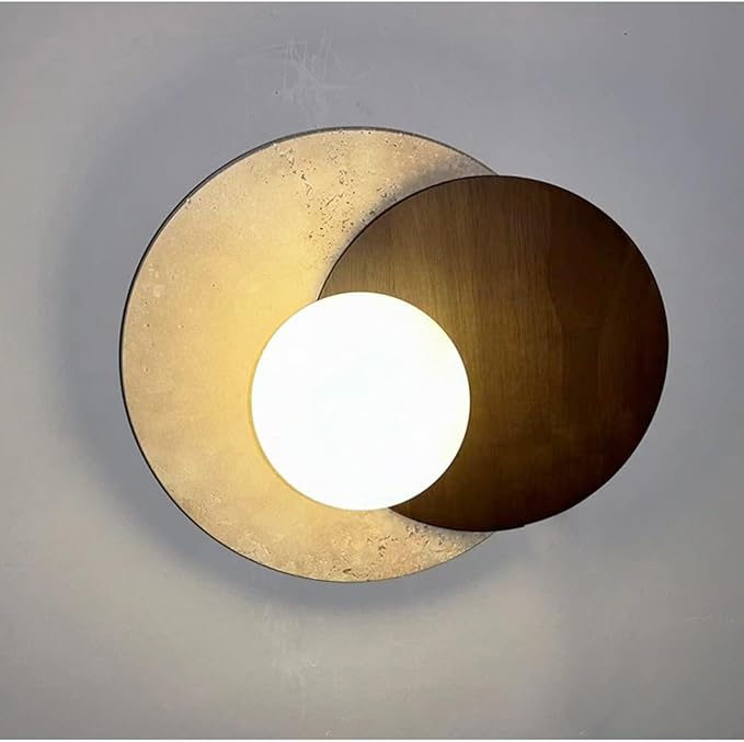Marble Wall Lamp, Bathroom Vanity Light Fixtures, Wall Mount Lamp, Over Mirror, Wall Sconces Set of 2, Vintage Wall Light with Wood and Stone Shade, for Porch Workshop Kitchen Living Room
