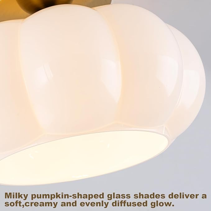 9.84" Mid-Century Modern Semi Flush Mount Ceiling Light,1-Light Brushed Gold Ceiling Light Fixture with Opal Milky White Glass Shade,Dimmable Mini Bedroom Light Fixture for Kitchen,Hallway,Entryway