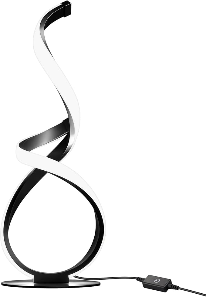 Modern Touch Lamp for Nightstand, Spiral LED Table Lamp, Dimmable 3 Color Temperature Night Stand Desk Lamp, Unique Bedside Light for Living Room, Bedroom, Cool Lamps for Ideal Gift, Black