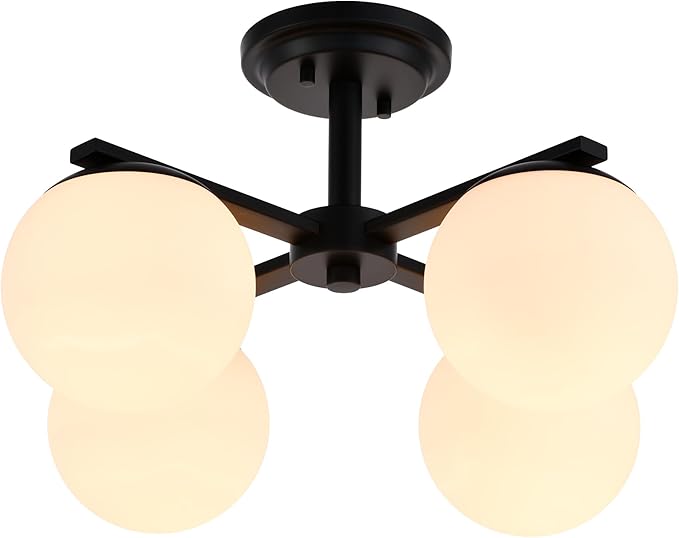 Matte Black Semi Flush Mount Ceiling Light, 4-Ligh Modern Kitchen Lighting Fixtures with Globe Glass Shade, Hallway Light Fixtures Ceiling Mount for Dining Room, Living Room, Bedroom, Foyer