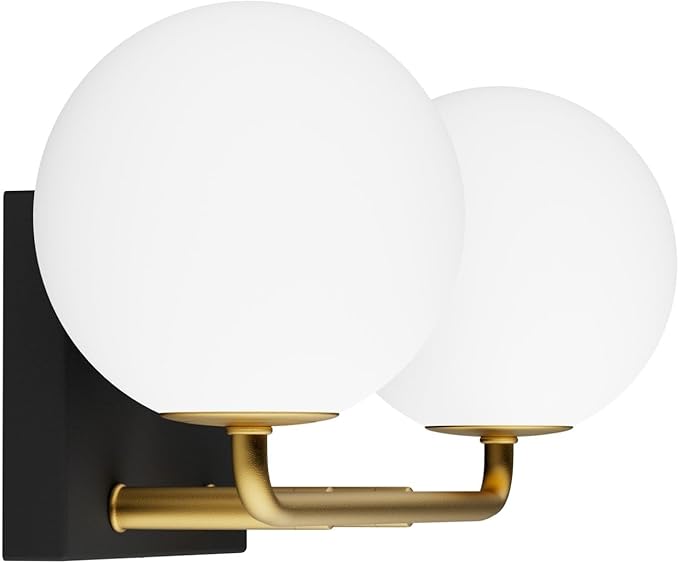 Tipace 2 Lights Mid Century Vintage Bathroom Vanity Light Fixtures Over Mirror Black Gold Industrial Vanity Lights with Milk White Glass Globe Farmhouse Bath Lighting(Exclude Bulb)