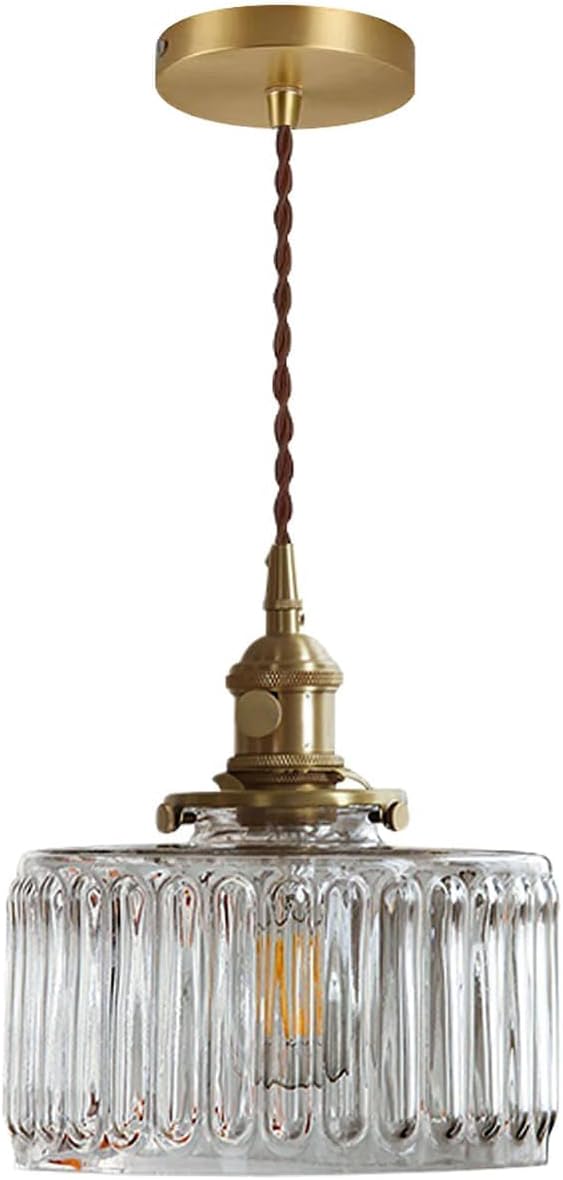 Glass Hanging Lights One-Light Vintage Pendant Light Fixtures Clear Striped Glass Shade Mid Century Modern Pendant Light Gold Brass Light Fixture Adjustable Cord for Dining Room Hallway