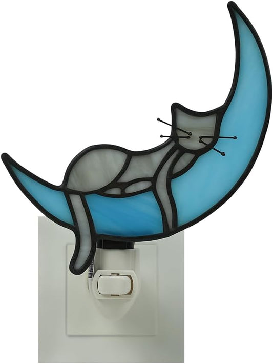 BOXCASA Cat on Moon Decor Stained Glass Night Lights Plug Into Wall Decorative,Night Light Plug in Decor for Children's Room Kitchen Toilet Bathroom,Cats Themed Gifts for Women Cat Lover