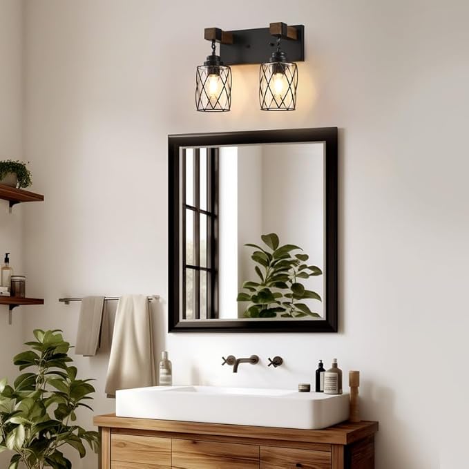 Farmhouse Bathroom Light Fixtures, 2 Light Bathroom Vanity Light with Metal and Glass Lampshade, Wood Rustic Lighting Fixtures Over Mirror, Black Wall Sconces for Living Room, Bedroom