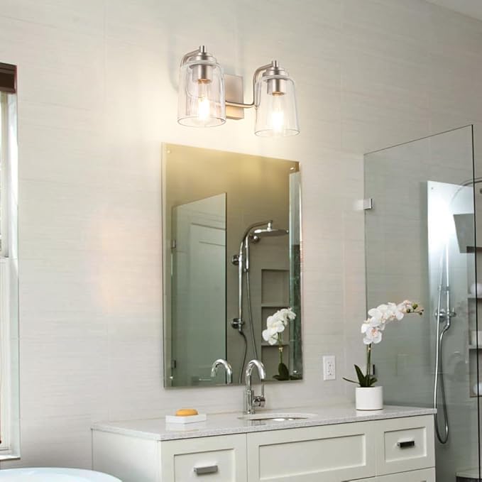 SOLFART Brushed Nickel Vanity Light 2 Light Bathroom Vanity Light Bathroom Lights Vanity Lighting Fixtures Wall Lights Over Mirror