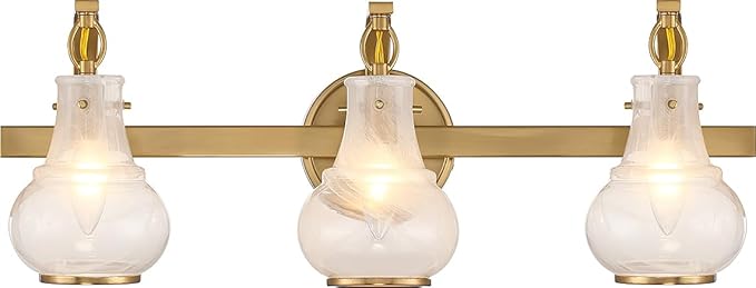 Savoy House 8-4417-3-322 Adams Modern Vintage Traditional White Strie Glass Bathroom Vanity Wall Light, 3-Light 180 Total Watts, 9" H x 24" W, Warm Brass