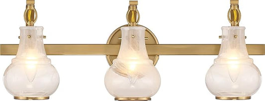 Savoy House 8-4417-3-322 Adams Modern Vintage Traditional White Strie Glass Bathroom Vanity Wall Light, 3-Light 180 Total Watts, 9" H x 24" W, Warm Brass