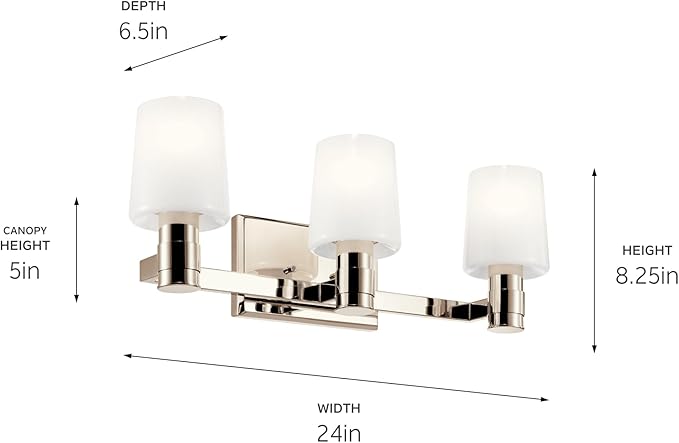 Kichler Adani 3-Light Bathroom Vanity Light Fixture, Modern 24" Vanity Light with Opal Glass in Polished Nickel for Bathroom or Powder Room (8.25" x 24"), 55176PN
