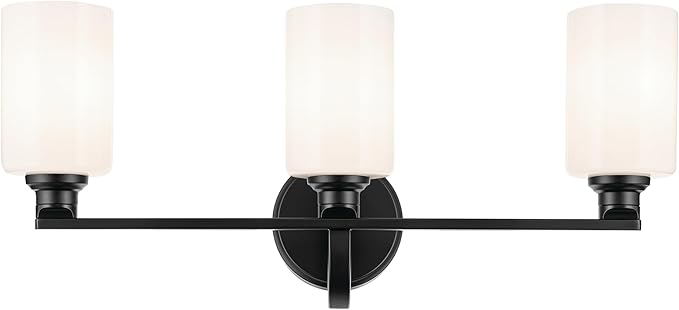 Kichler Gioe 24.25 in 3-Light Bathroom Vanity Light Fixture with Opal Glass in Black, Modern Wall Mount Over Mirror for Powder Room, Damp Rated (24.25 in W x 10.5 in H), 55226BK