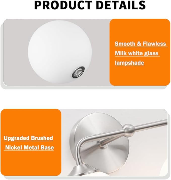 Modern Brushed Nickel 2-Lights Bathroom Vanity Lights, Bathroom Lighting Fixtures Over Mirror with Milk White Globe Glass Shade, Elagant Wall Sconces for Dressing Table Bedroom Living Room