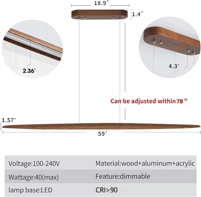 YISDESIGN Wood Linear Pendant Hanging Light Fixture Minimalist Light Linear Chandelier Wood Kitchen Island Lighting 40w Dimmable for Dining Room Dining Table Living Room Pool Table Walnut Color