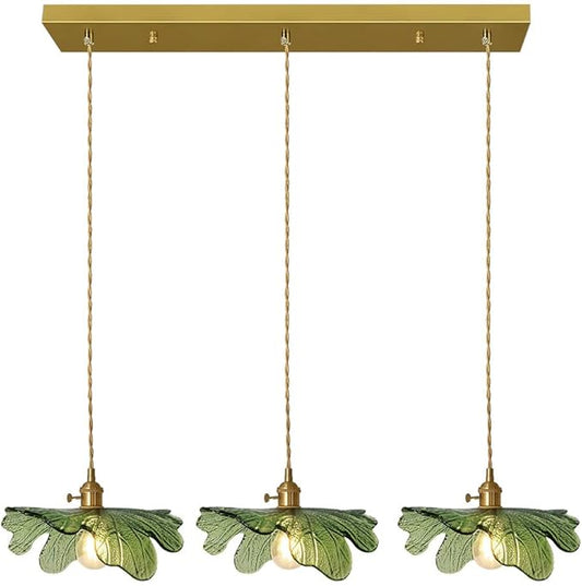 Glass Chandelier for Dining Room Vintage Chandelier Lighting 3-Light Hand Blown Gold Mid Century Modern Pendant Light with Green Glass Shade for Kitchen Island Bedroom Living Room