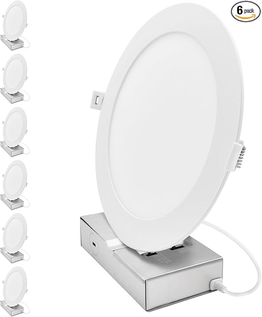 LUXRITE 8-Inch LED Recessed Light with J-Box, Canless Mini Panel Spotlight, 5CCT 2700K-5000K, 13/15/18 Watts, 1050/1250/1500 Lumens, CRI90, Dimmable, 120-277V, IC Rated, Wet Rated ETL Listed (6 Pack)