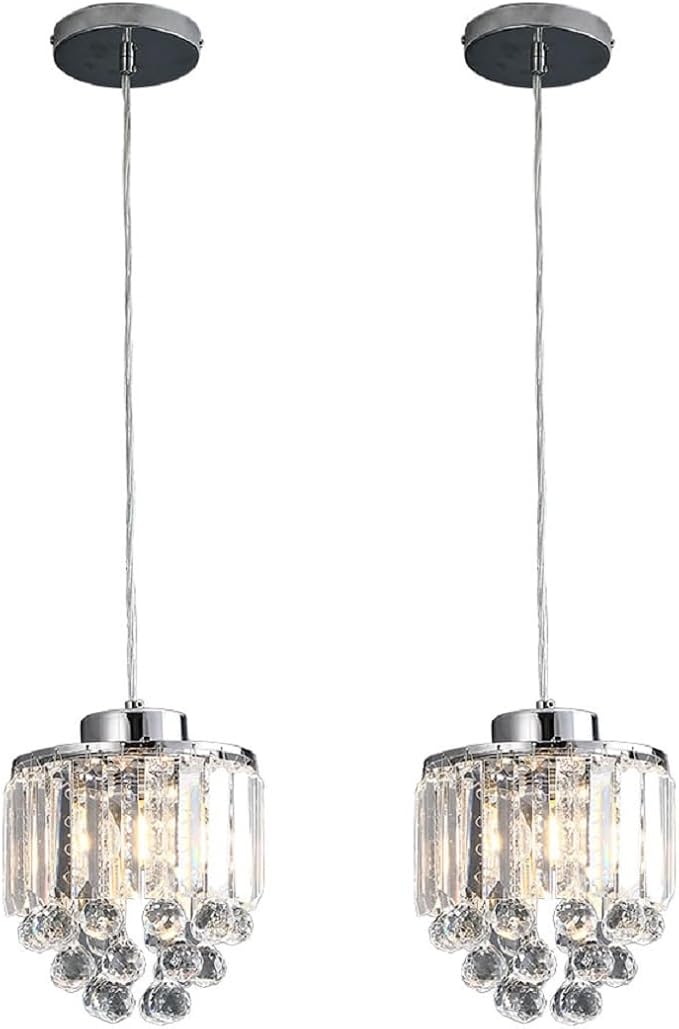 TFCFL 2 Pcs Chrome Crystal Ceiling Pendant Light, Crystal Beads Ceiling Hanging Light Fixture Pendant Light Lamp Chandelier Adjustable Height for Kitchen Island Dining Room Dining Hall