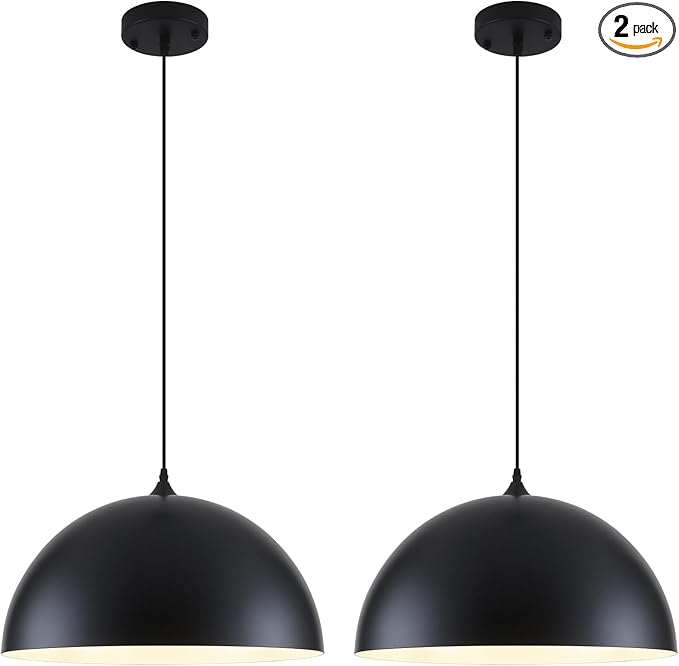 Large Pendant Lights Kitchen Island, 19.7 Inch Black and White Dome Pendant Light，Black Farmhouse Pendant Light, Modern Industrial Kitchen Pendant Lighting Over Island, Dining Room, 2 Pack
